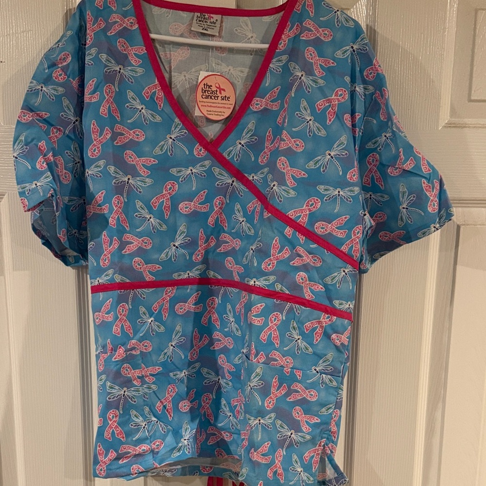 Blue and Pink Dragonfly Print Scrub Top